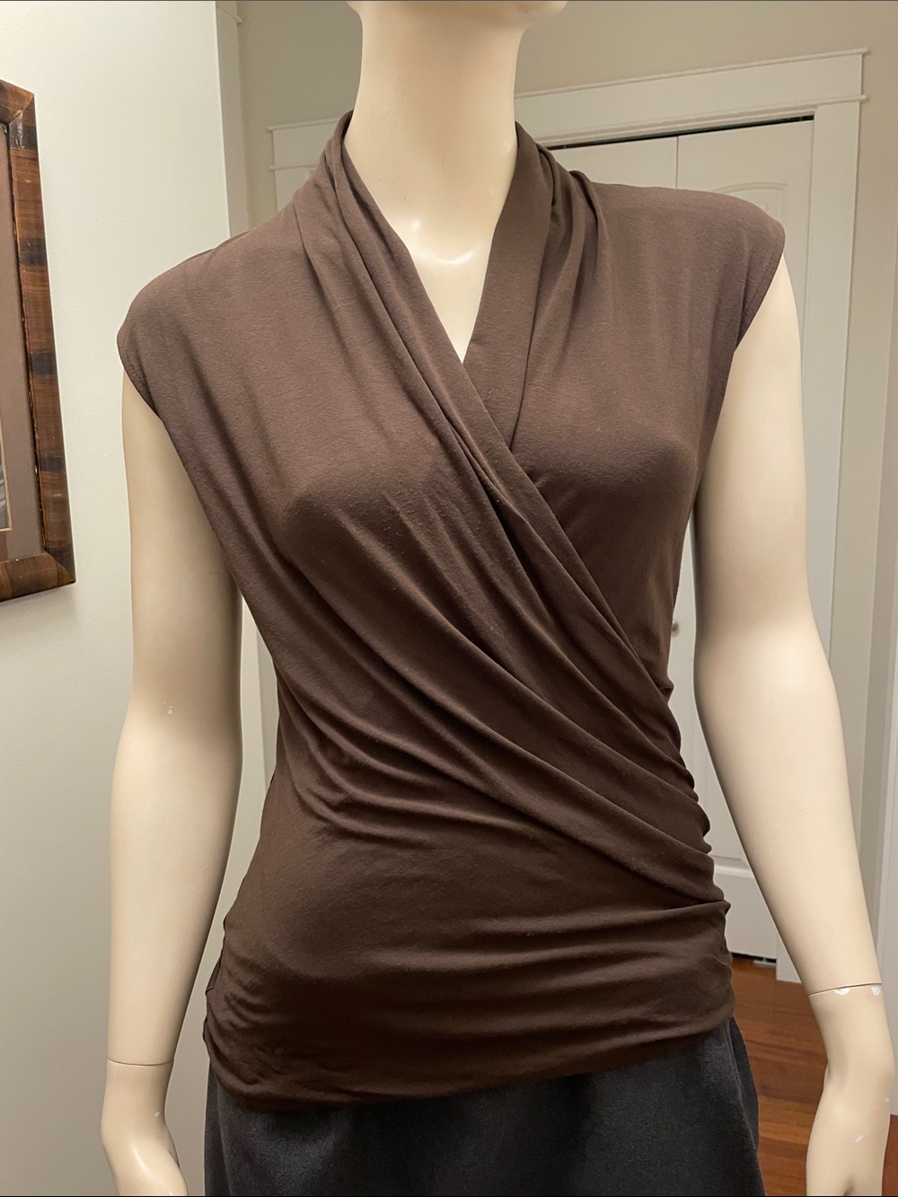 Vince Camuto Brown Draped Wrap-Front Cap Sleeve Top